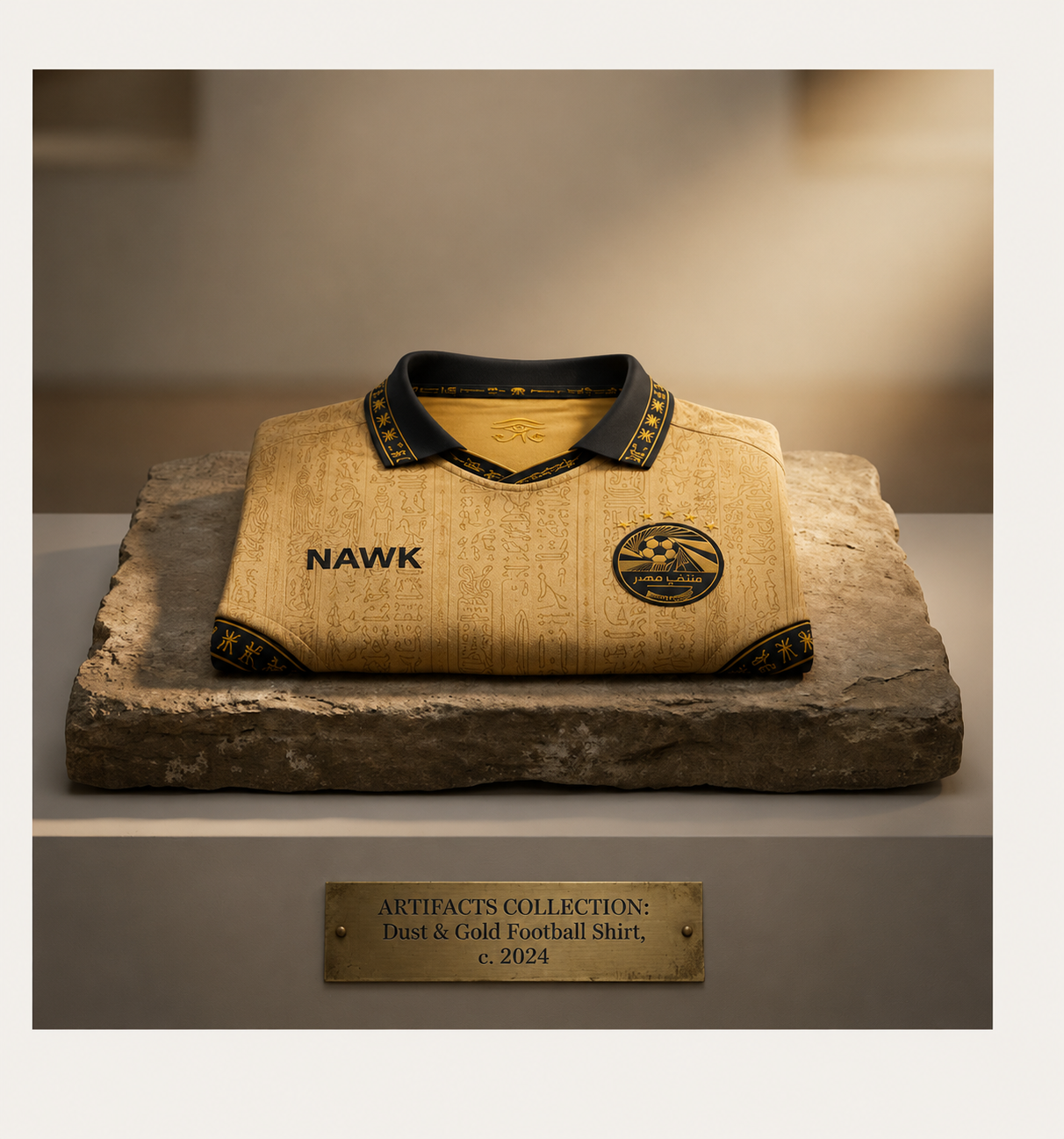 Dust and Gold football shirt displayed as a museum artifact